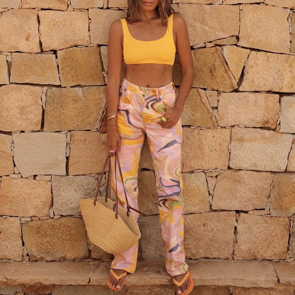 Zara Abstract Swirl Print High Rise Straight Leg Jeans